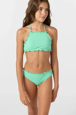 Girl's Dawnbreak Rib Hi-Neck Ruffle Edge Set High Neck Top Set - Jade Cream | O'Neill