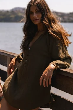 Krysten Crinkle Double Gauze Tunic Swim Cover-Up - Military Olive | O'Neill