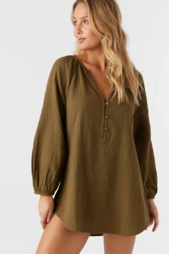 Krysten Crinkle Double Gauze Tunic Swim Cover-Up - Military Olive | O'Neill